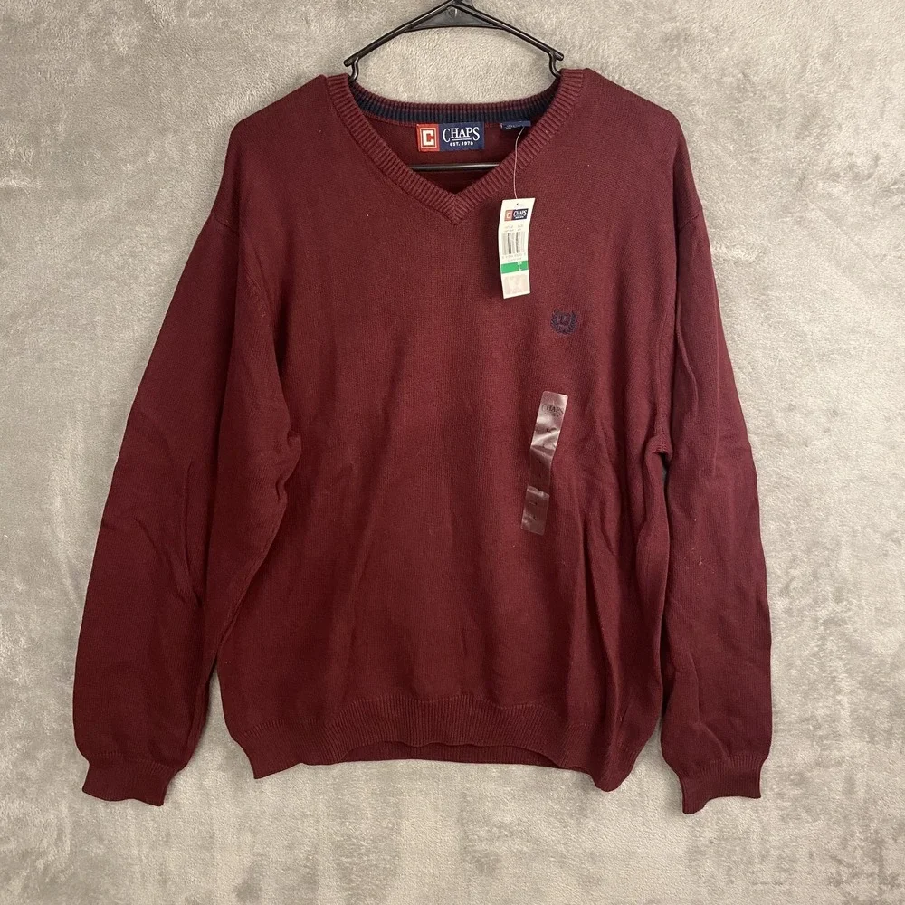 Chaps Men's Large V-Neck Sweater Red Wool Blend New